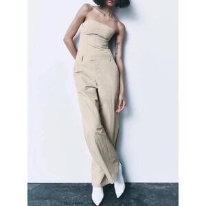 Zara Strapless Beige Straight Leg Jumpsuit Nylon Cargo Utility Bustier Wide Leg